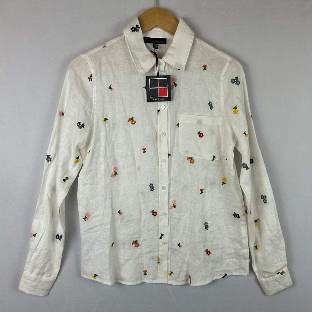 Carre Noir Linen Floral Button Up Shirt Long Sleeve White Women's Size XS
